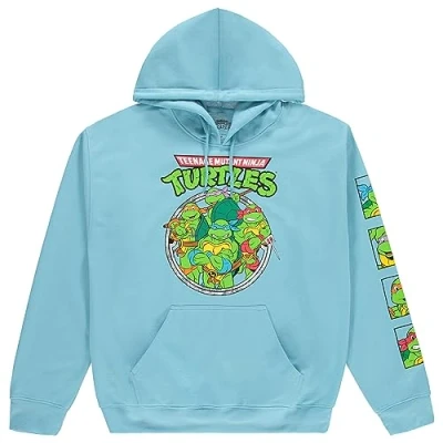 Image of Mens Ninja Turtles Group Hoodie Straight From The Sewer TMNT Sweatshirt with Sleeve Print, Light Blue, XXL