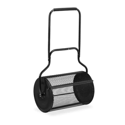 Image of Relaxdays Compost Spreader for Lawns, Mesh Basket 75 L, Garden Peat Roller with Handle, HWD: 118x68x40 cm, Black, Steel, Foam