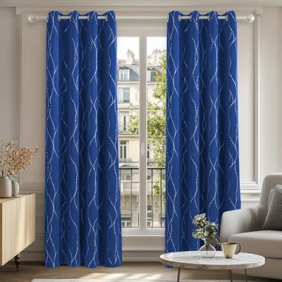 Image of Deconovo Home Decoration Dotted Line Foil Printed Blackout Curtains Energy Saving Thermal Insulated Eyelet Room Darkening for Doors with 66 x 54 Inch Blue Two Panels