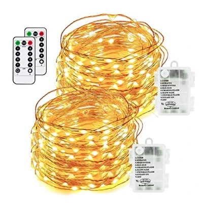 Image of Led Fairy Lights 100 LEDs 8 Modes with Remote &amp; Timmer Decorative Battery Powered String Lights, Copper Wire Light for Bedroom,Wedding(33ft/10m Warm White 2PACK)