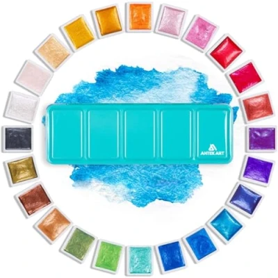 Image of ANTEK ART Metallic Watercolour Paints, Set of Glitter Colours in Portable Metal Case with Palette, Great Gift Idea for Artists, Painters (24 Colors)