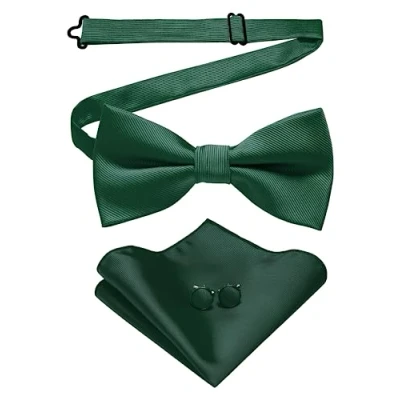 Image of JEMYGINS Dark Green Bow Tie Wedding Silk Bowtie and Pocket Square Hankerchief with Cufflinks Sets for Men(3)