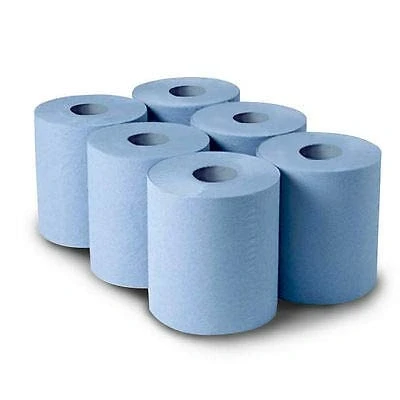 Image of 6 ROLLS (1 X PACKS) BLUE PAPER WIPE CENTRE FEED TOWEL