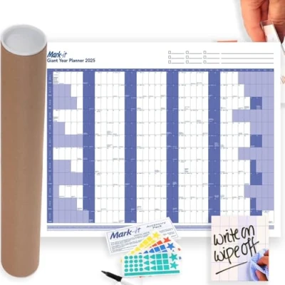 Image of MARK IT GIANT 2025 YEARLY WALL PLANNER (Laminated) Great For Offices, Schools, Students, Educators, Businesses Size 79 x 116cm