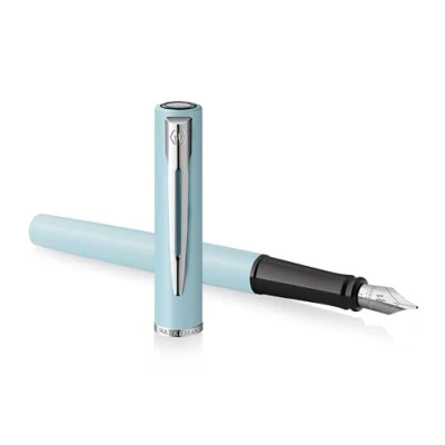 Image of Waterman Allure Fountain Pen Baby Blue Pastel with Chrome Trim Fine Nib Black Ink Gift Boxed