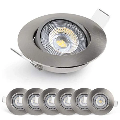 Image of EMOS LED Spot Lights Ceiling Round 5W / 450lm, 3000K Warm White 50 Tilt Swivel Recessed Lights, Ultra Slim Pack of 6 Downlights for Ceiling, Mains Powered, Brushed Silver