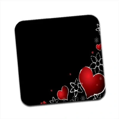 Image of Red Hearts &amp; Silver Flowers On Black Background Single Coaster
