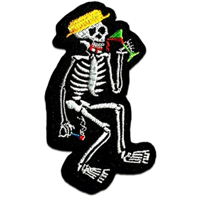 Image of Drinking Skeleton Biker Iron On Patches Adhesive Emblem Stickers Appliques, Size: 2.13 x 3.74 Inches, Color:White