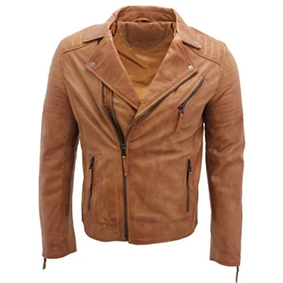 Image of Infinity Men&#039;s Tan Slim Fit Cross Zip Vintage Brando Leather Biker Jacket XL