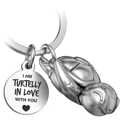 Image of FABACH Turtle Key Ring Snappy with Heart and Engraving Cute Keyring Love Lucky Charm as a Gift for Partner Turtelly in Love, Antique silver, standard size