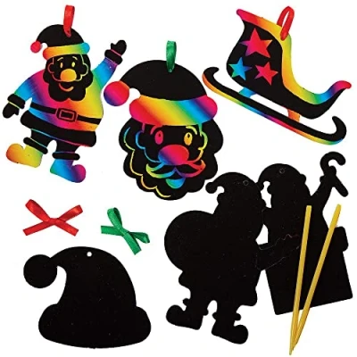 Image of Baker Ross FX279 Santa Scratch Art Decorations Pack of 12, Christmas Craft Kits for Kids, Party and Bag Fillers