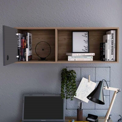 Image of Home Source Harlem Wall Mounted Shelving Display Unit Storage, Oak Effect and Grey, 1 Door, Engineered Wood, 100cm