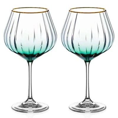 Image of DIAMANTE Gin Glasses Copa &#039;Mirage Verde&#039; Set of 2 with Green Colour Ombre Stain and Gold Rim Optic Effect