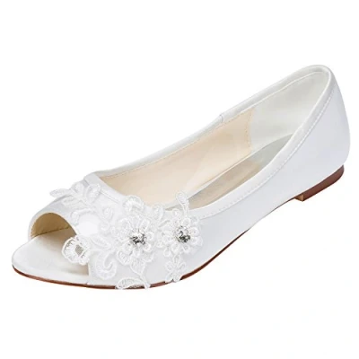 Image of Emily Bridal Wedding Shoes Women&#039;s Satin Flat Heel Peep Toe with Crystal (EU39/UK6, White)