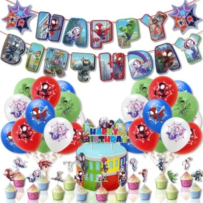 Image of Spidey And His Amazing Friends Birthday Decorations, Party Theme Happy Banner, Balloons, Cake Topper for Spiderman Decoration