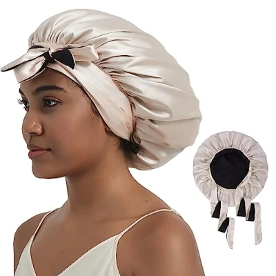 Image of Hat Hut Satin Bonnet Silk for Sleeping Cap Curly Hair Women Double Layer Reversible with Tie Band (Champagne/Black)