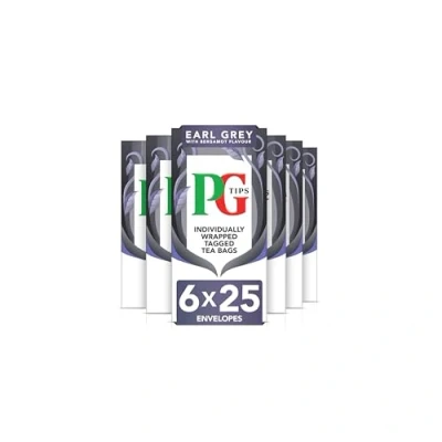 Image of PG Tips Teabags Earl Grey, Individually Wrapped Tea Bags, 25 Flavoured Black Bags Wrapped, With Bergamot flavour, Refreshing &amp; Flavourful, Bulk Pack of 6 (Total 150 Teabags)