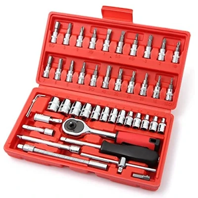 Image of LSLANSOON 46 Pcs 1/4 Drive Socket Ratchet Wrench Set with Storage Case, includes Metric Bit and Extension Bar for Auto Repair Home Maintenance