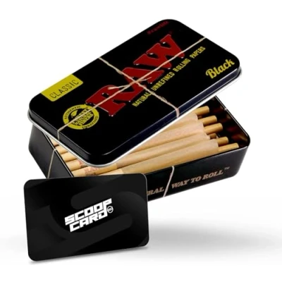 Image of RAW Black Classic Prerolled Cones 1 1/4 Packed Inside a Metal Tin Container with Packing Tubes 20 Pack