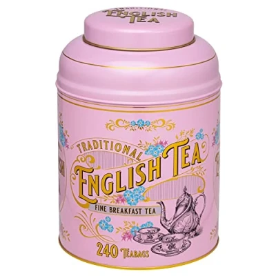 Image of New English Teas Vintage Victorian Tea Tin in Pink with 240 Breakfast Teabags