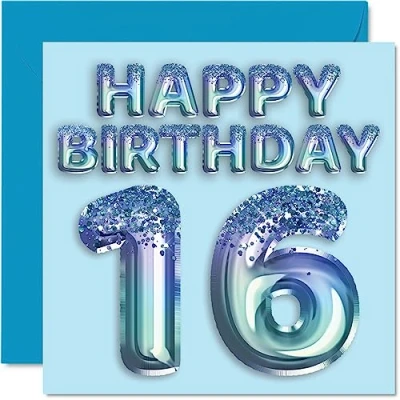 Image of 16th Birthday Card for Boys Blue Glitter Party Balloon Happy Cards 16 Year Old Boy Grandson Son Brother Nephew, 145mm x Sixteen Sixteenth Bday Greeting Gift