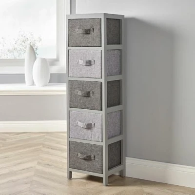 Image of Home Source Chest of Drawers Storage Unit, Fabric Basket, Grey Wooden Tallboy Organiser, 5 Drawer