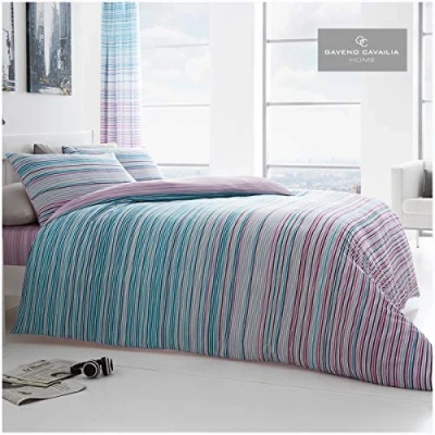 Image of GC GAVENO CAVAILIA Printed Duvet Cover King Size, Reversible Stripe Quilt Bedding Set, Polycotton Bed Covers, Teal