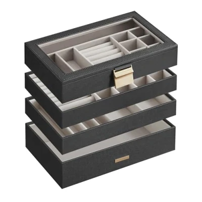 Image of SONGMICS Stackable Jewellery Trays, 4 Tier Box, Large Case, Clear Glass Lid, 17 x 28 18.3 cm, for Dressing Table, Gift Idea, Ink Black JBC164B01