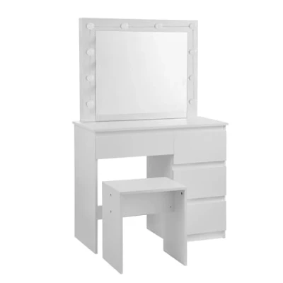 Image of eSituro Vanity Desk, Dressing Table with Mirror and Stool, White 4 Drawers, Bedroom 10 Dimmable LED Lights