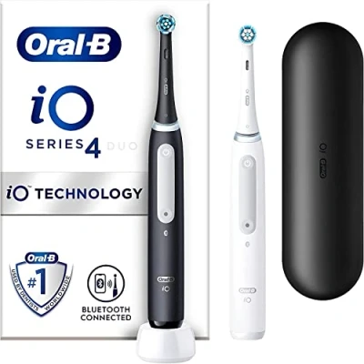 Image of Oral B iO4 2x Electric Toothbrushes For Adults, 2 Toothbrush Heads &amp; 1 Travel Case, 4 Modes With Teeth Whitening, UK Pin Plug, Black and White