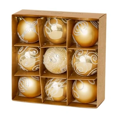 Image of Christmas Shatterproof Baubles 9 Pack 60mm Tree Decoration glitter, matte, and shiny (Gold 6129)