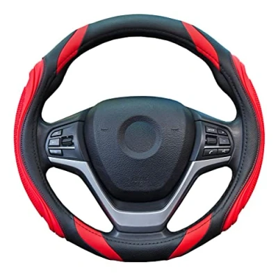 Image of Car Steering Wheel Cover Sportage Leather Universal Size M 37 38cm /14.5 15inch, Anti slip, Breathable, Red