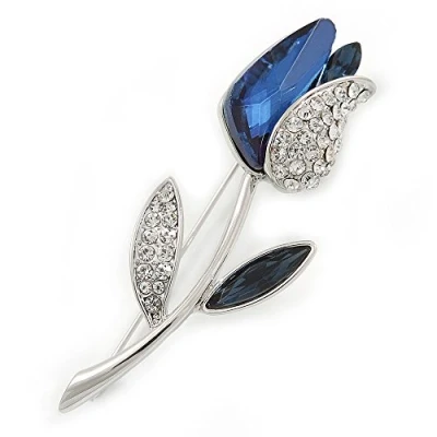 Image of Avalaya Exquisite Tulip Brooch in Rhodium Plated Metal (Blue/Clear) 60mm L