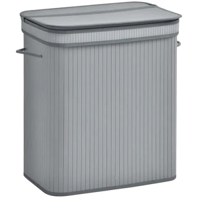 Image of HOMCOM 100L Natural Wood Laundry Basket A Compartment w/Flip Lid Removable Lining Handles Board Base Foldable Durable Water Resistant Dirty Clothes Storage Home Organisation Grey