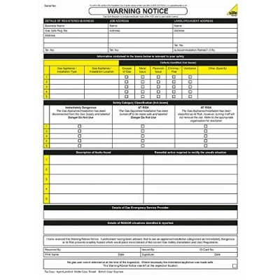Image of ENGINEER GAS SAFETY CHECK INSPECTION WARNING ADVICE NOTICE SHEET PAD 50 SET BOOK
