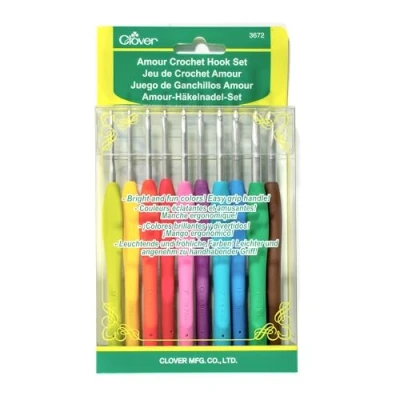 Image of Clover Amour Crochet Hooks 10 kg Size B to J, Fabric, Multicolor, 5.5&quot; Height x 4.2&quot; Length 1&quot; Width
