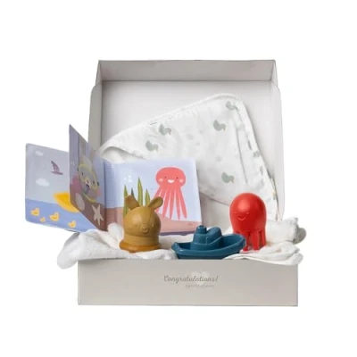 Image of Taf Toys Baby Bath Time Gift Set. Includes Book, Cotton Hooded Towel, Squirting Toys, Boat Toy. 5 piece Newborn Essentials Kit for Babies. Suitable Boys &amp; Girls 0 months +