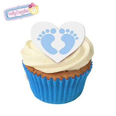 Image of 12 Edible Pre Cut Wafer Heart Cake Toppers with Free Mini Toppers: Baby Boy Feet