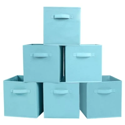 Image of PowerKing Fabric Storage Box Organiser, 6 Foldable Cube in Shape Sky Blue