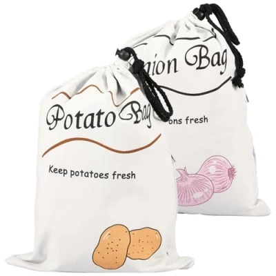 Image of Potato Onion Storage Bag with Blackout Lining Cotton Drawstring Bags Side Zipper 35x26m Reusable Vegetable Sacks Keeper for Garlic Pepper(2pcs)
