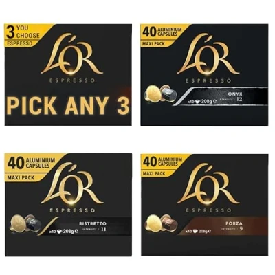 Image of L&#039;OR Espresso Coffee pods PICK ANY 3 from 4 different blends inc. Forza, Ristretto, Delizioso and Onyx Nespresso®* Compatible Aluminium Capsules Each pack 40 pods, Total 120 (120 Drinks)