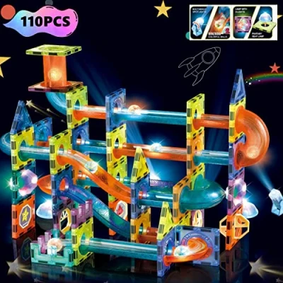 Image of BINZKBB Light Magnetic Tiles Building Blocks for kids,3D Clear STEM Magnets Construction Toys,110PC Marble Run Creativity Educational Toys Kids Ages 5 6 7 8 9 10+Year Old Boys Girls Gift