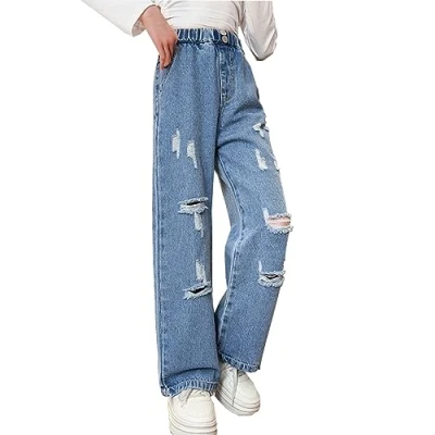 Image of Hangzhikids Girls&#039; Casual Elastic Waist Wide Leg Jeans Cool Ripped Age 5 14 Years (Style3, 11 12 Years)