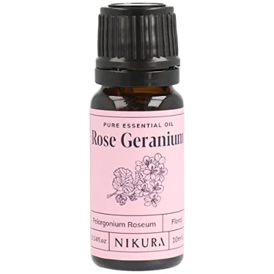 Image of Nikura Rose Geranium Essential Oil 10ml for Sleep, Aromatherapy, Diffusers Home, Candle Making, Bath, Anxiety, Massage, Skin 100% Pure Natural Oils Vegan &amp; UK Made