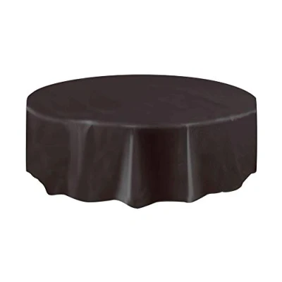 Image of Black Solid Round Plastic Table Cover (213cm) 1 Count Vibrant &amp; Durable Party Essential for Easy Cleanup and Decoration