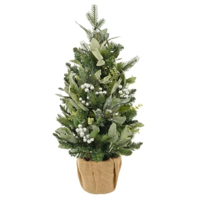 Image of Pre Lit Mini Christmas Tree 50 Warm White Lights Silver Berries Green Frosted Branches 60cm