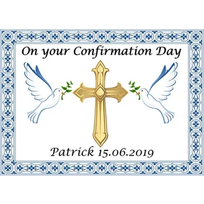 Image of A4 on your confirmation Blue edible icing cake topper decoration approx 11&quot; x 8&quot; (Wafer)