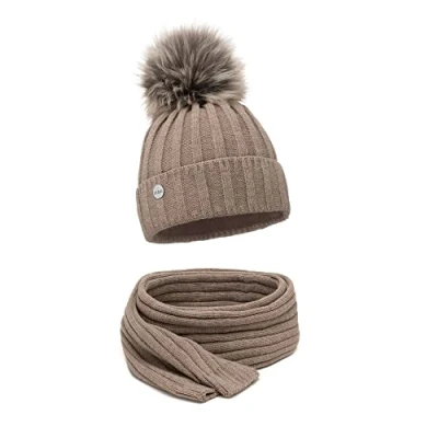 Image of ELIMELI Cashmere Hat, Women&#039;s Winter Warm Knitted Wool Hat with Faux Fur Bobble Slouch Beanie for Made in EU, Cappuccino set scarf,