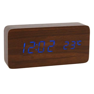 Image of Lancoon Wooden Digital Clock Multi function LED Alarm with Time/Date/Temperature Display and Voice Control for Home Office Travel AC11Brown_Blue