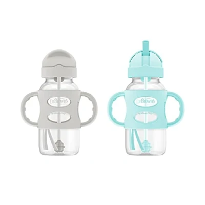 Image of Dr. Brown’s® Milestones™ Wide Neck Sippy Straw Bottle with 100% Silicone Handles, 9oz/270mL, Gray &amp; Green, 2 Pack, 6m+